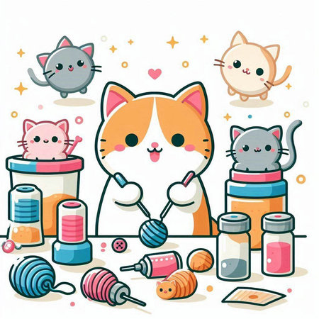 Illustration of cute cats playing in a pet shop, vector illustrationのイラスト素材