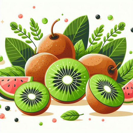 Kiwi fruit with leaves and berries on white background. Vector illustration.のイラスト素材