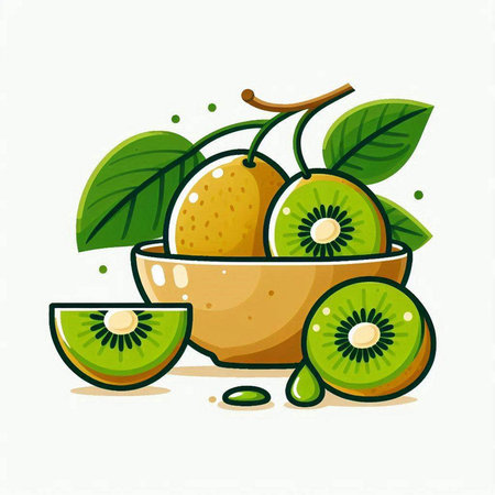 Vector illustration of kiwi fruit with green leaves. Isolated on white background.のイラスト素材