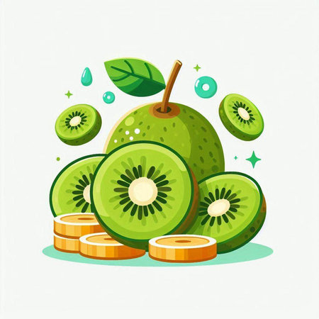 Vector illustration of fresh kiwi fruit and gold coins, healthy food conceptのイラスト素材