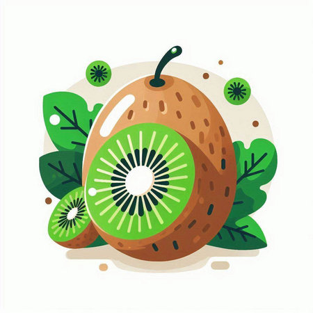 Kiwi fruit with leaves on a white background. Vector illustration.のイラスト素材