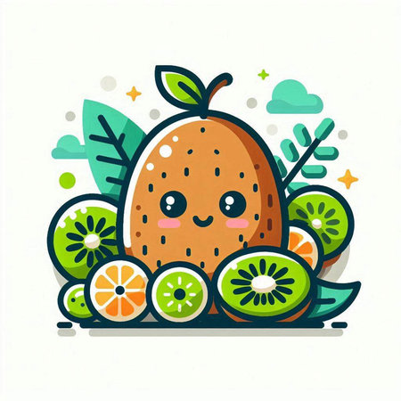 Cute kawaii kiwi fruit character, vector illustrationのイラスト素材