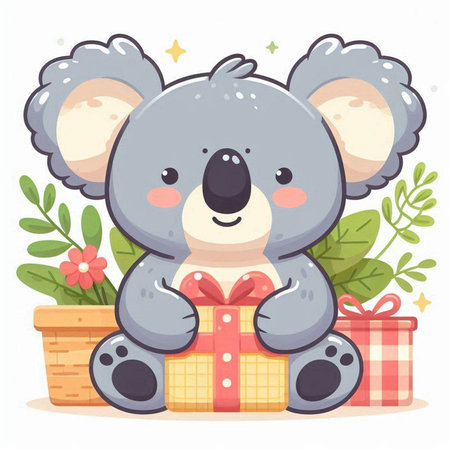 Cute koala sitting with gift box. Vector illustration in cartoon style.のイラスト素材