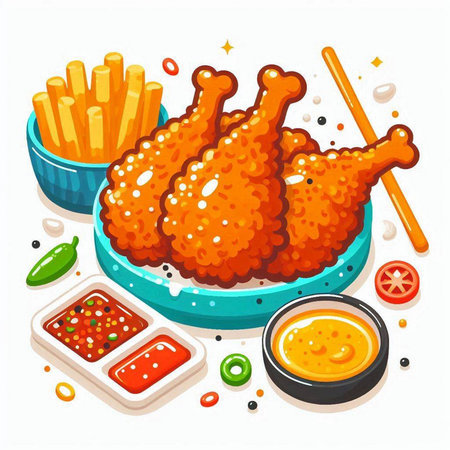 Illustration of fried chicken with sauce and french fries on white backgroundのイラスト素材