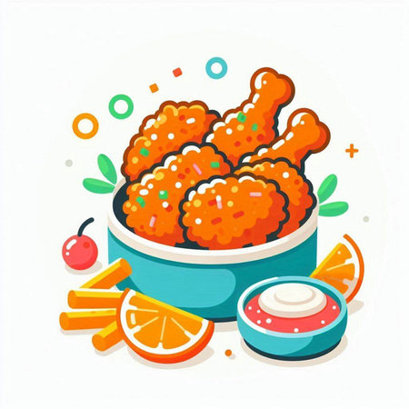 Fried chicken wings in bowl with sauce and vegetables. Vector illustration.のイラスト素材