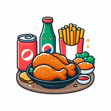Illustration of fried chicken, chips and soda can. Fast food vector illustration.のイラスト素材