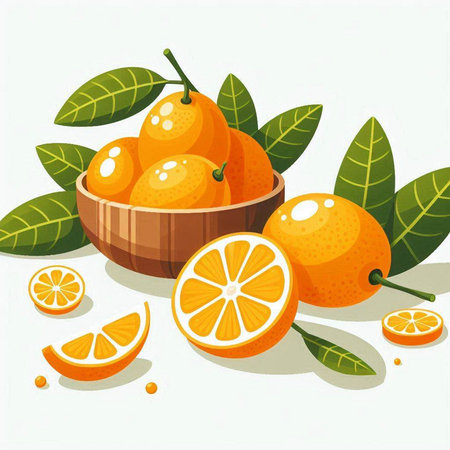 Fresh kumquat fruit with leaves and slices. Vector illustration.のイラスト素材