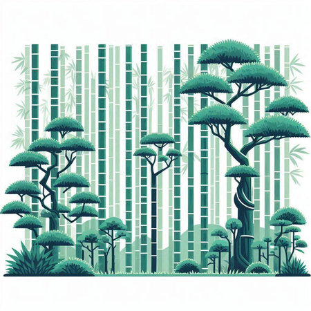 Vector illustration of a green landscape with trees, grass and bamboo.のイラスト素材