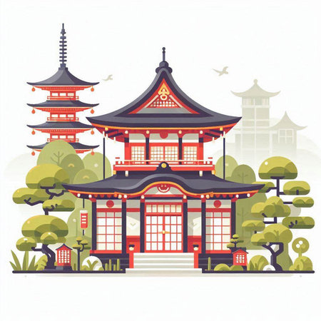 Chinese temple vector illustration in flat style. Traditional chinese architecture.のイラスト素材