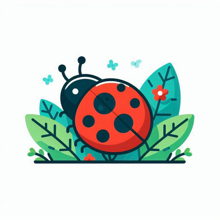 Ladybug with leaves and flowers. Vector illustration in flat style.のイラスト素材