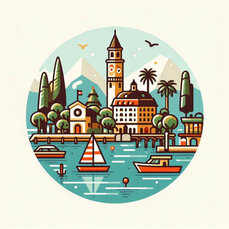 Colorful vector illustration of Lake Garda in Italy, Europe.のイラスト素材