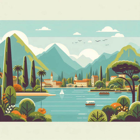 Landscape of Lake Garda in Italy. Vector illustration in retro style.のイラスト素材