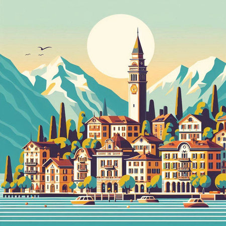 Switzerland. Old town, lake and mountains. Vector illustration.のイラスト素材