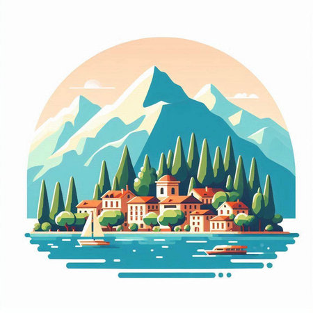 Landscape with mountains, lake, houses and boats. Vector illustration.のイラスト素材