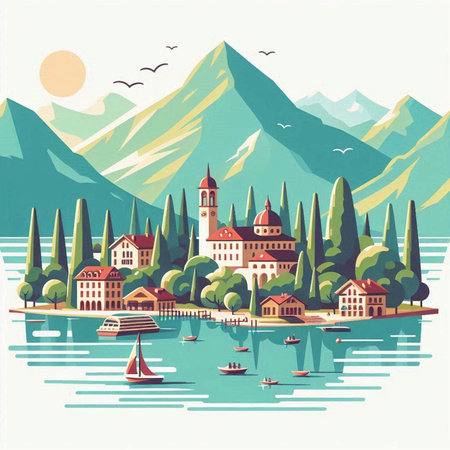 landscape of Lake Bled, Slovenia, Europe. Vector illustrationのイラスト素材