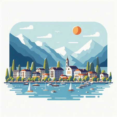 Landscape with the image of Lake Garda, Italy. Vector illustrationのイラスト素材