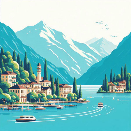 Beautiful landscape of Lake Como, Italy. Vector illustration.のイラスト素材