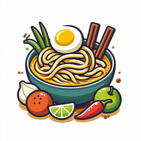 Noodles in bowl with egg and vegetables, vector illustration.のイラスト素材