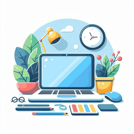 Flat design modern vector illustration concept of creative workspace. Laptop, stationery, coffee cup, clock and plant.のイラスト素材