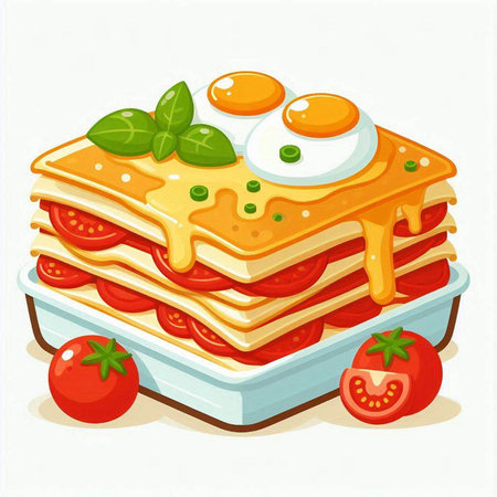 Illustration of a stack of lasagna with tomato sauce and eggのイラスト素材