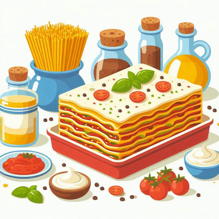 Illustration of a lasagna with tomato sauce, cheese and basilのイラスト素材