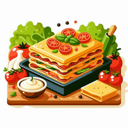 Illustration of lasagna with tomato sauce, cheese and basil on wooden boardのイラスト素材