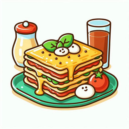 Pancakes with cheese, tomato and basil. Vector illustration.のイラスト素材