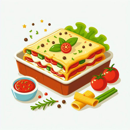Illustration of lasagna with tomato sauce, cheese and basil.のイラスト素材