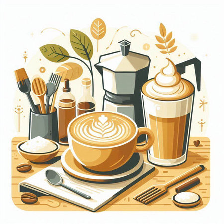 Coffee time, vector illustration in flat cartoon style. Cappuccino, latte, cappuccino, latte, cappuccino.のイラスト素材