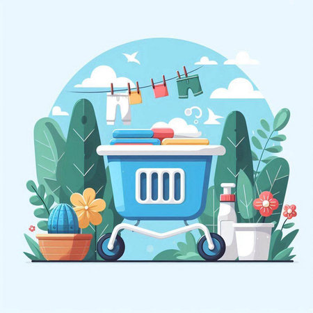 Laundry basket with clothes. Vector illustration in flat style.のイラスト素材