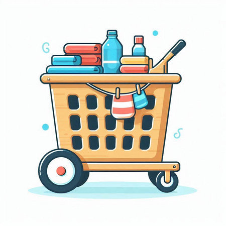 Shopping cart with different products. Vector illustration in cartoon style.のイラスト素材