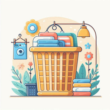 Laundry basket with towels and dryer. Flat vector illustration.のイラスト素材