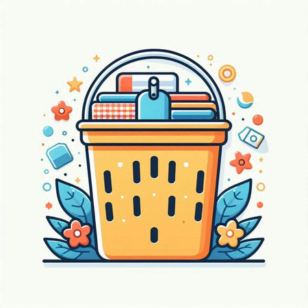 Laundry basket with clothes and accessories. Vector flat illustration.のイラスト素材