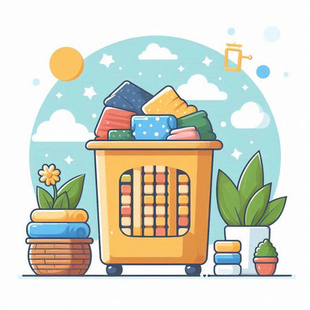 Laundry basket full of clothes. Vector illustration in cartoon styleのイラスト素材