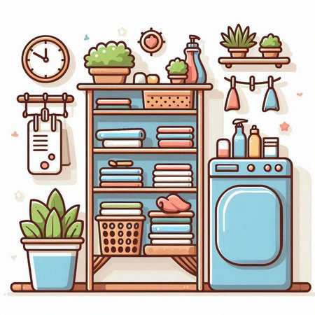 Laundry room vector illustration. Bathroom interior with washing machine, dryer, laundry basket, towels, sink, potted plants and clocks.のイラスト素材