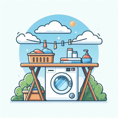 Laundry service. Washing machine and basket with cleaning products. Vector illustrationのイラスト素材