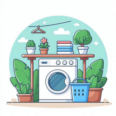 Laundry service concept. Washing machine, basket with towels, basket with plants. Vector illustrationのイラスト素材