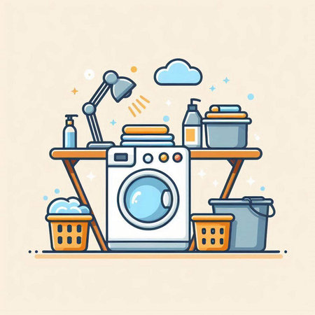 Laundry flat line icon. Laundry service, washing machine, basket with cleaning products. Laundry concept. Vector illustrationのイラスト素材