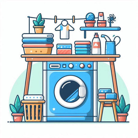 Washing machine and cleaning products. Vector illustration in cartoon style.のイラスト素材