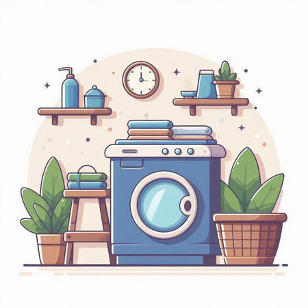 Washing machine and houseplants. Laundry room. Vector illustrationのイラスト素材