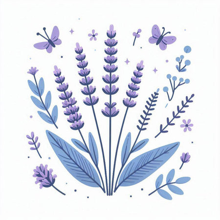Lavender flowers and butterflies. Hand drawn vector illustration in flat style.のイラスト素材