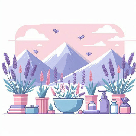 Landscape with lavender flowers in pots and mountains. Vector illustrationのイラスト素材