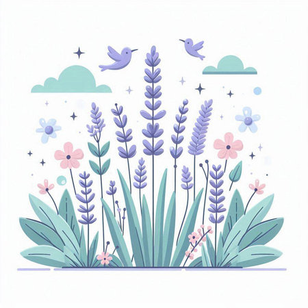 Lavender flowers and birds. Vector illustration in flat style.のイラスト素材