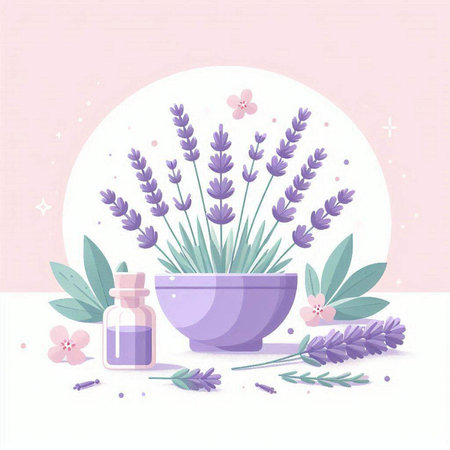 Lavender flowers in a pot and lavender oil. Vector illustrationのイラスト素材
