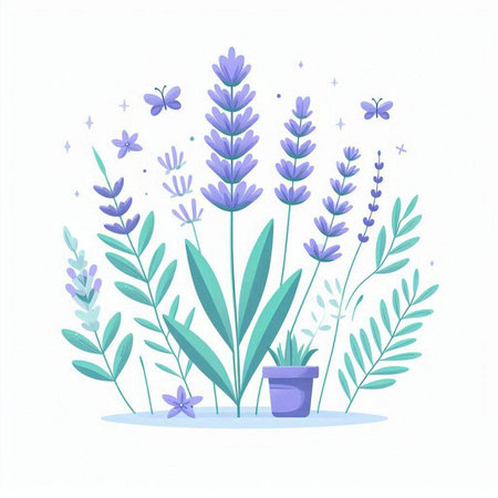 Lavender flowers in a pot. Hand drawn vector illustration.のイラスト素材