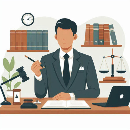 Lawyer sitting at his desk and working with documents. Vector illustrationのイラスト素材
