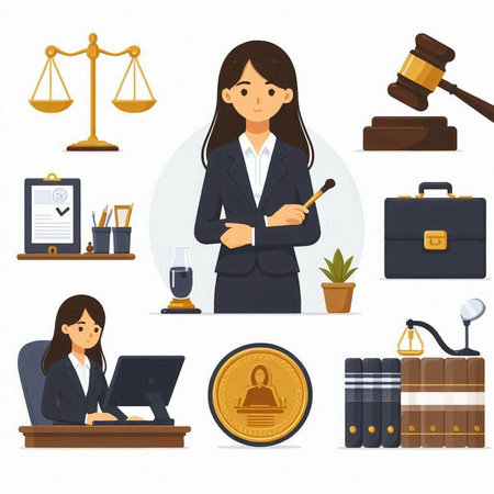 Law and justice icons set with lawyer, judge, scales of justice, scales of justice, judge gavel, law book, attorney, attorney, attorney, businesswoman, judge. Vector illustrationのイラスト素材