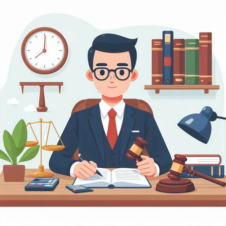 Lawyer sitting at the desk in office. Vector illustration in cartoon style.のイラスト素材