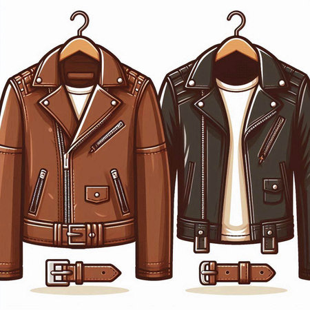 Stylish men's leather jackets on hangers. Vector illustration.のイラスト素材