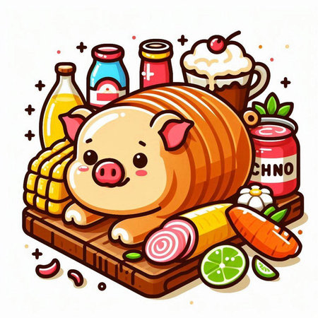 Illustration of a Cute Pig with Different Food and Drinksのイラスト素材